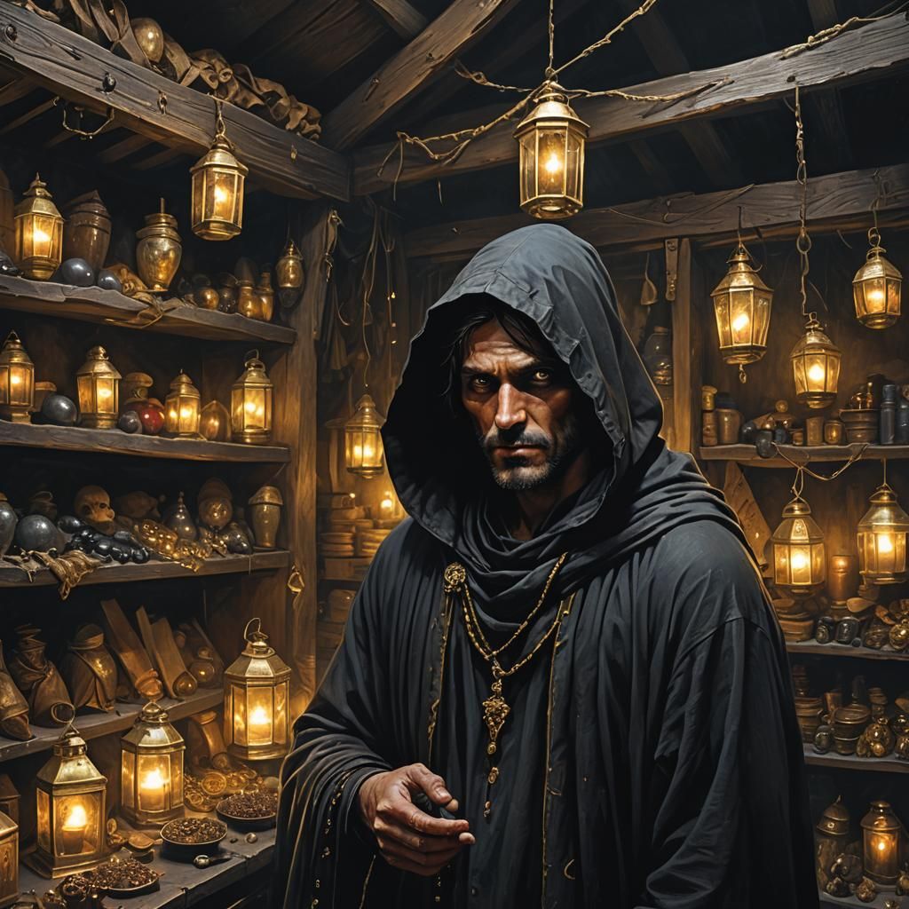 Ominous Vendor in Dark Tent: Surreal Digital Art
