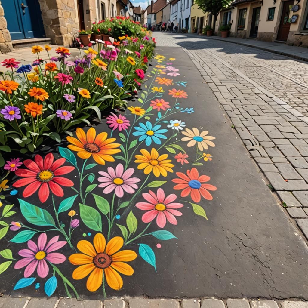 Charming Chalk Flowers in Tranquil Village
