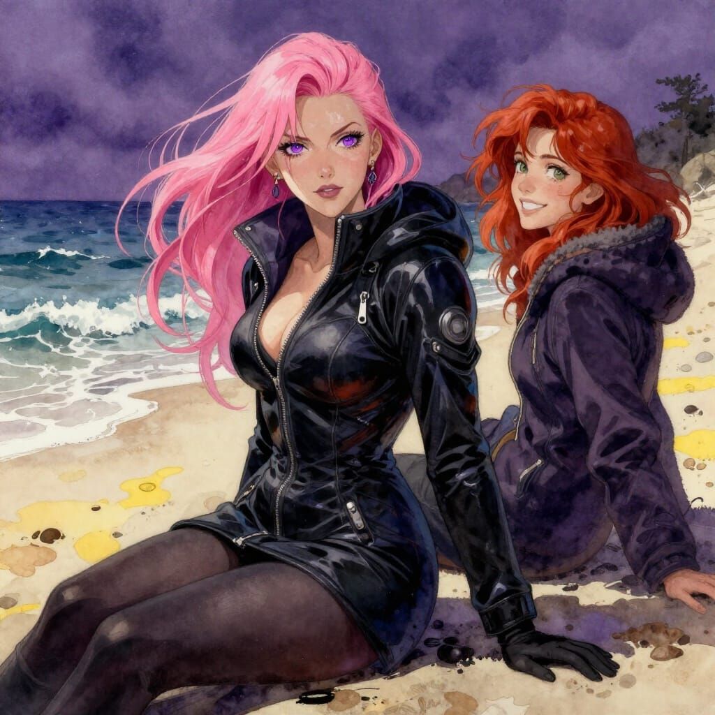 Winter Beach Scene with Pink & Red Haired Women
