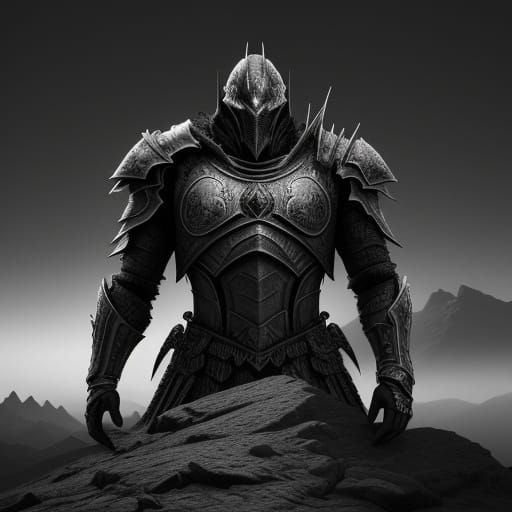 Alien Knight on Mountain Peak in Dark Fantasy Style