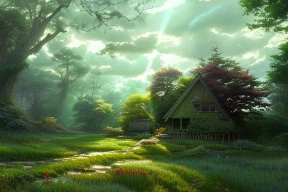 Overgrown Green Cabin in Woods with God Rays