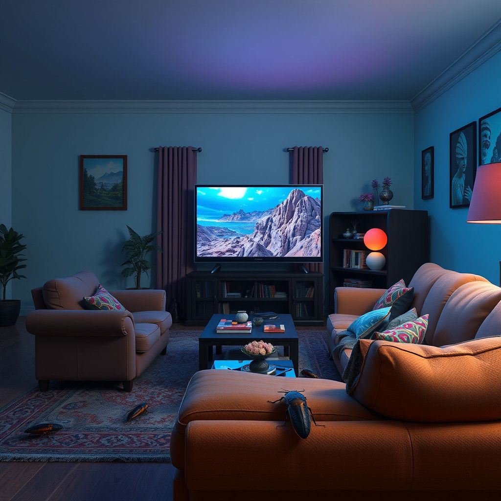 Retro Cockroach Family in Living Room, Detailed Matte Painti...