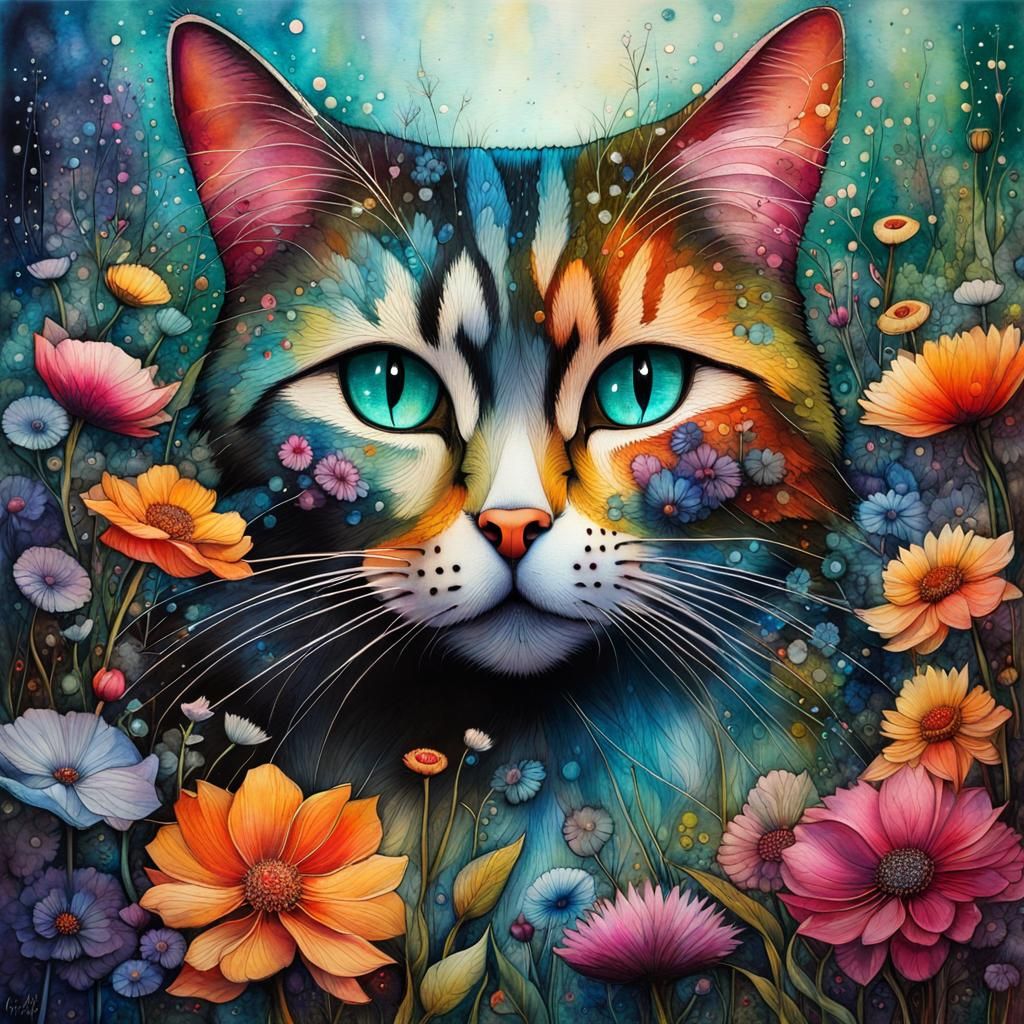Cat in Magical Garden of Flowers: Mixed Media Art