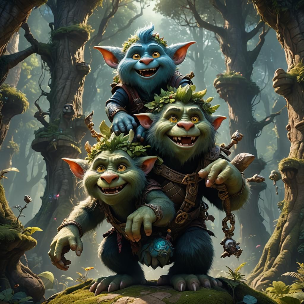 Fuzzy Forest Friend on Troll Shoulder, Fantasy Art