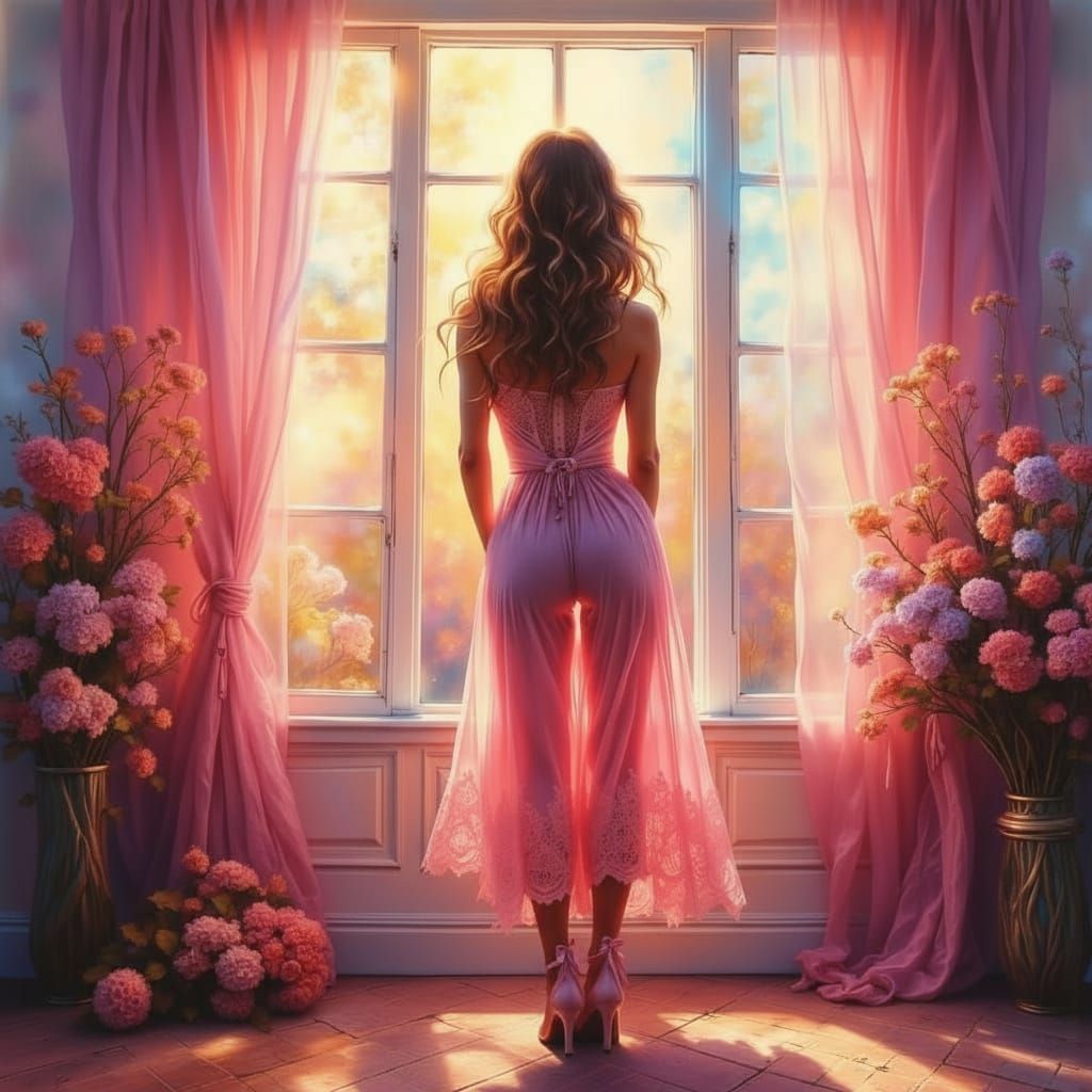 Beautiful Woman Enjoys Morning Sunshine Through Window