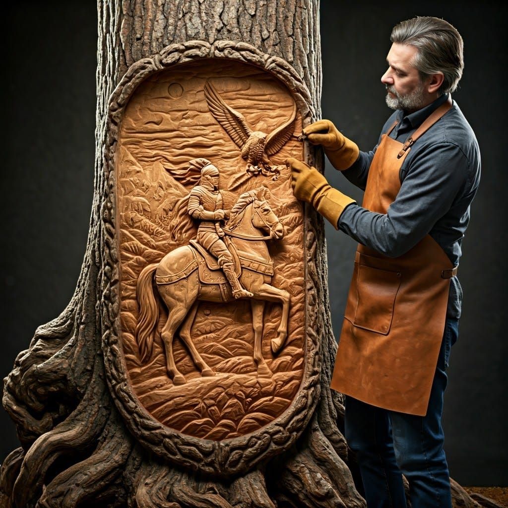 Ornate Wood Carving of Knight on Horseback