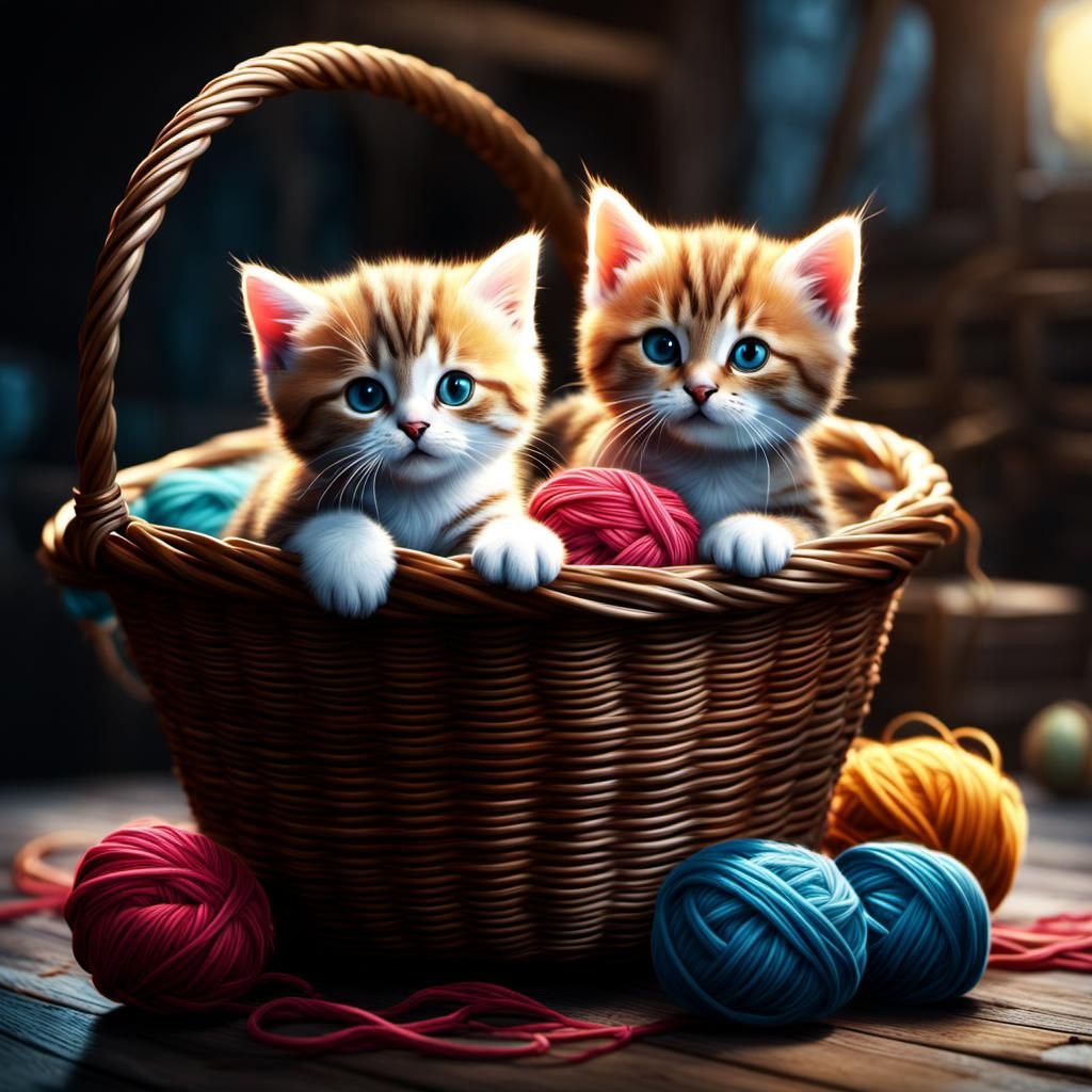 Kittens Play with Yarn: Detailed Fantasy Art