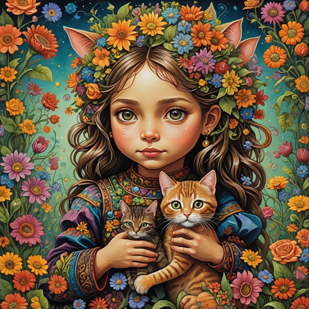 Floral Cat Held by Girl, Recursive Fractal Art