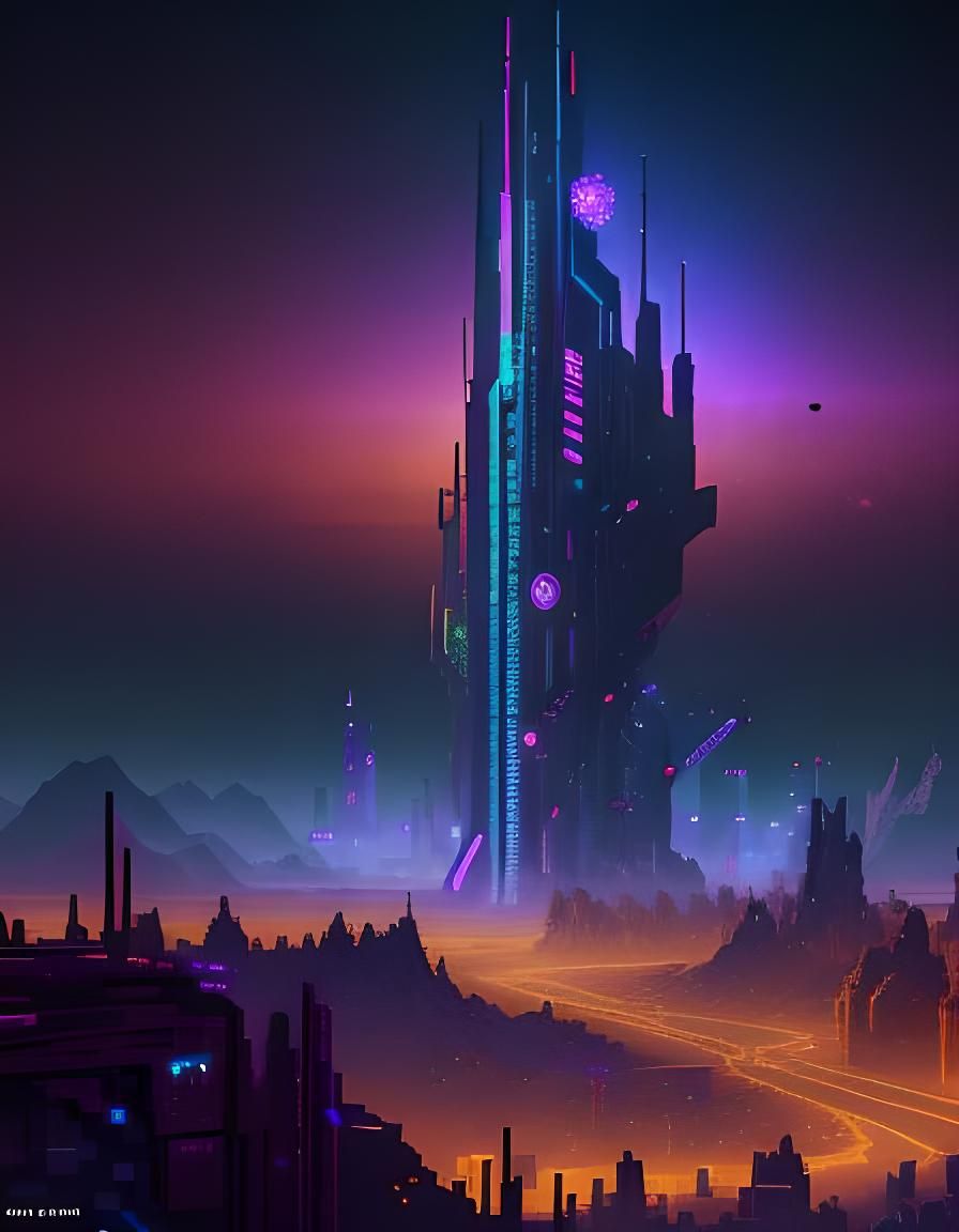 Pixelated Cyberpunk City in Desert Night