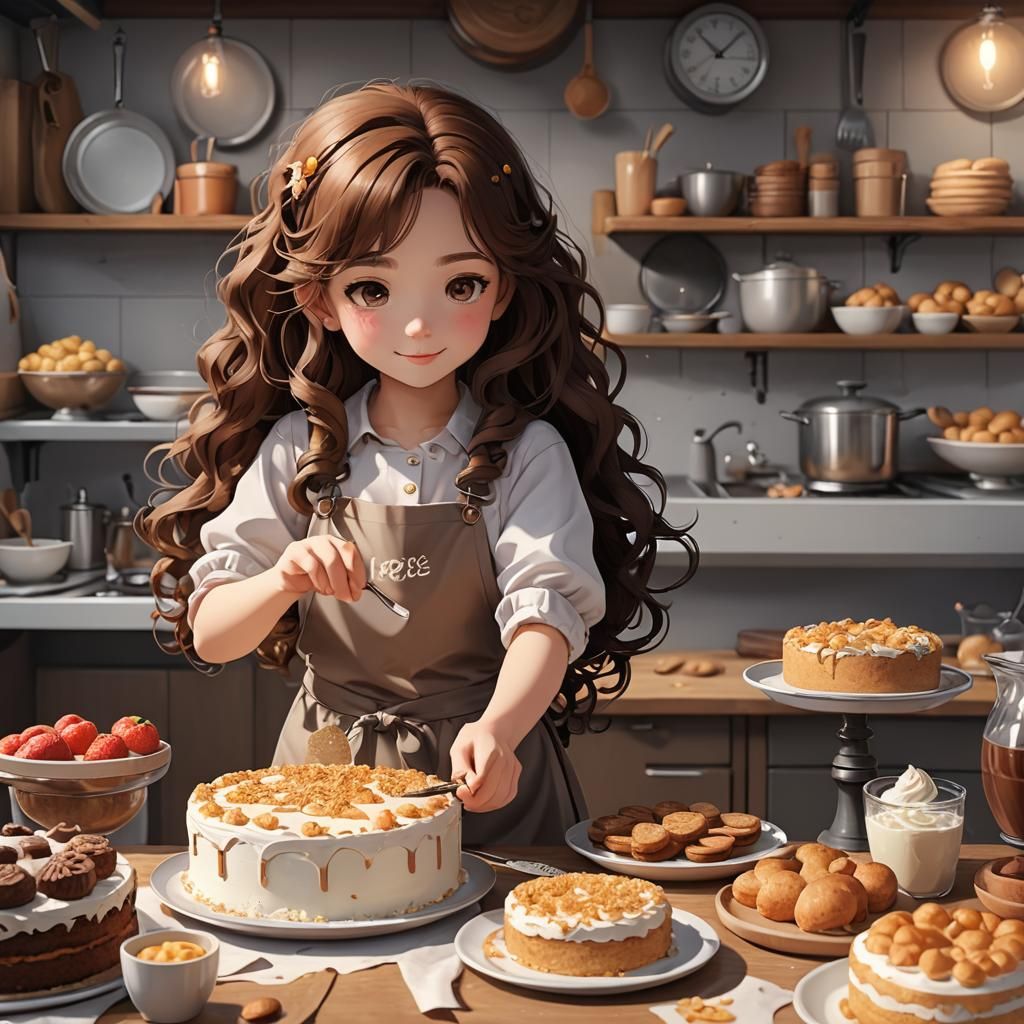 Anime Girl Baking Cake: 3D Art Renders