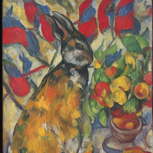 Rabbit's Fiery Feast: An Otto Dix and Cezanne-Inspired Scene
