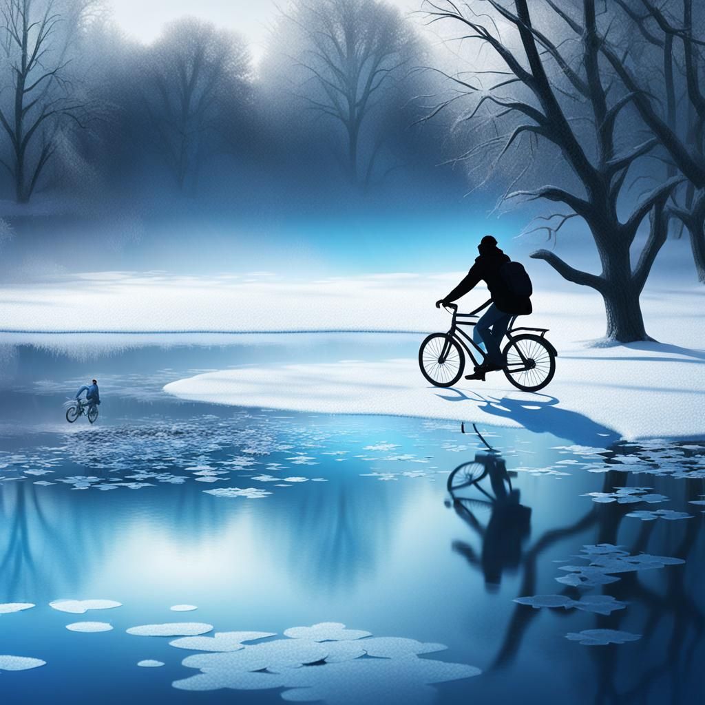 Man on Bicycle Rides Frozen Pond in Winter