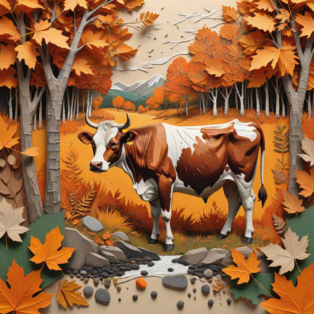 Cow Amidst Vibrant Autumn Leaves in Earthy Tones