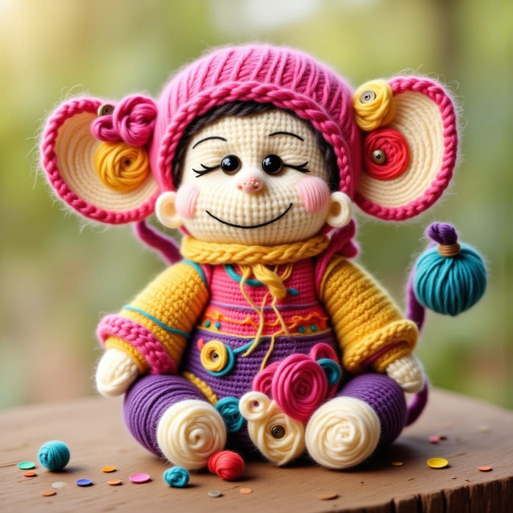 Whimsical Sack Monkey Girl with Colorful Crochet Details