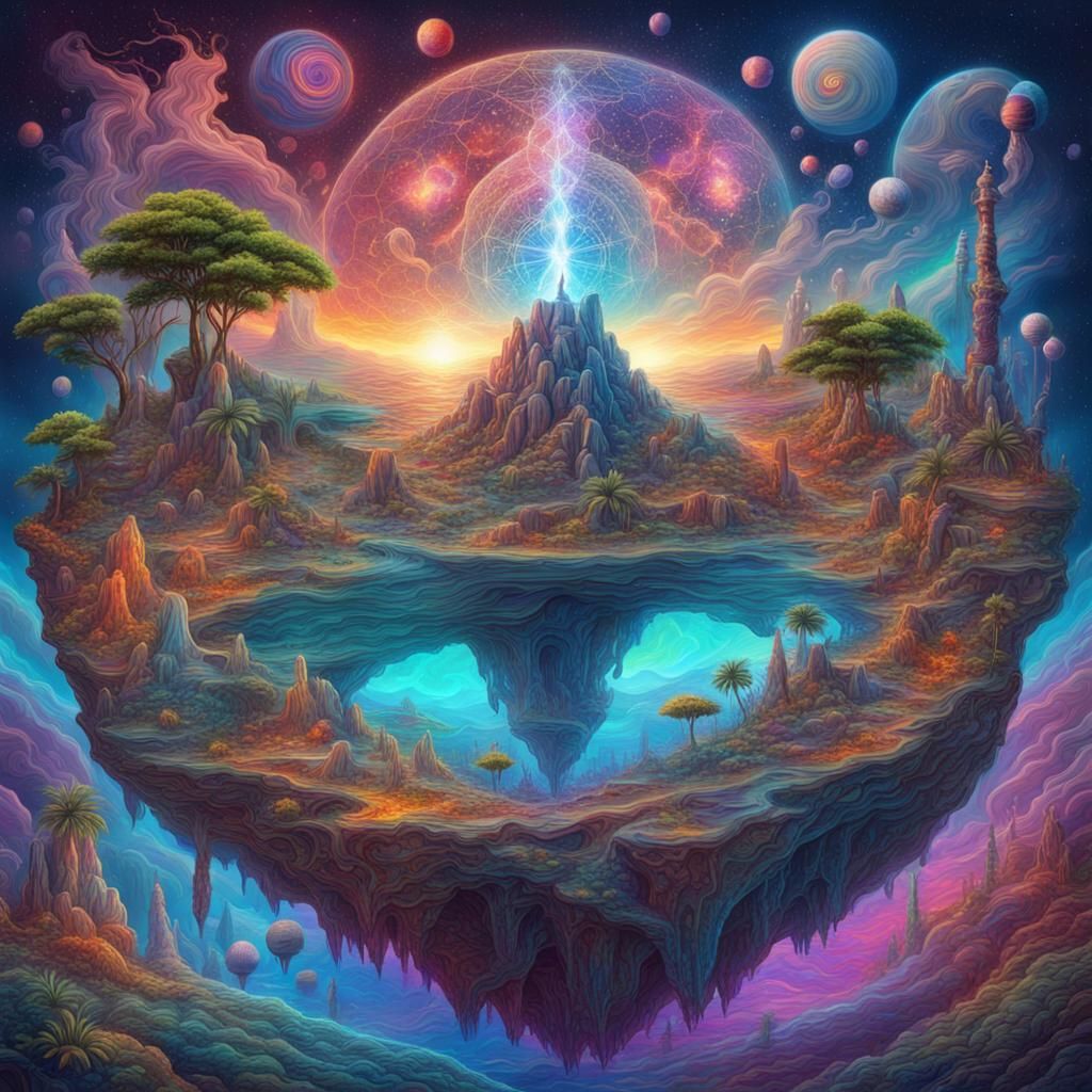 Cosmic Astral Island Illustration in Visionary Style