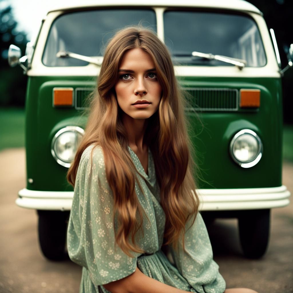 1960s Girl with Volkswagen Bus: A Film Still
