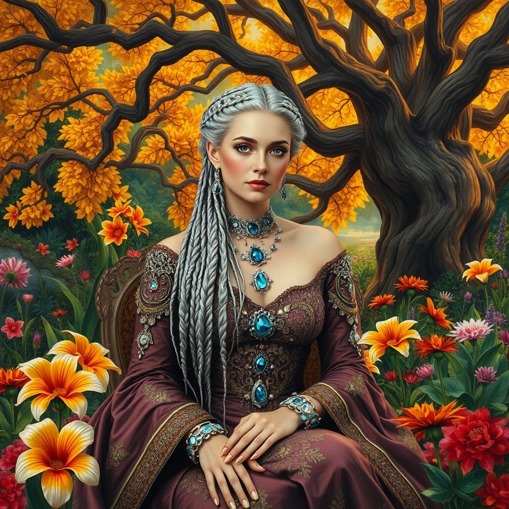 Regal Lady in a Pre-Raphaelite Garden of Gold