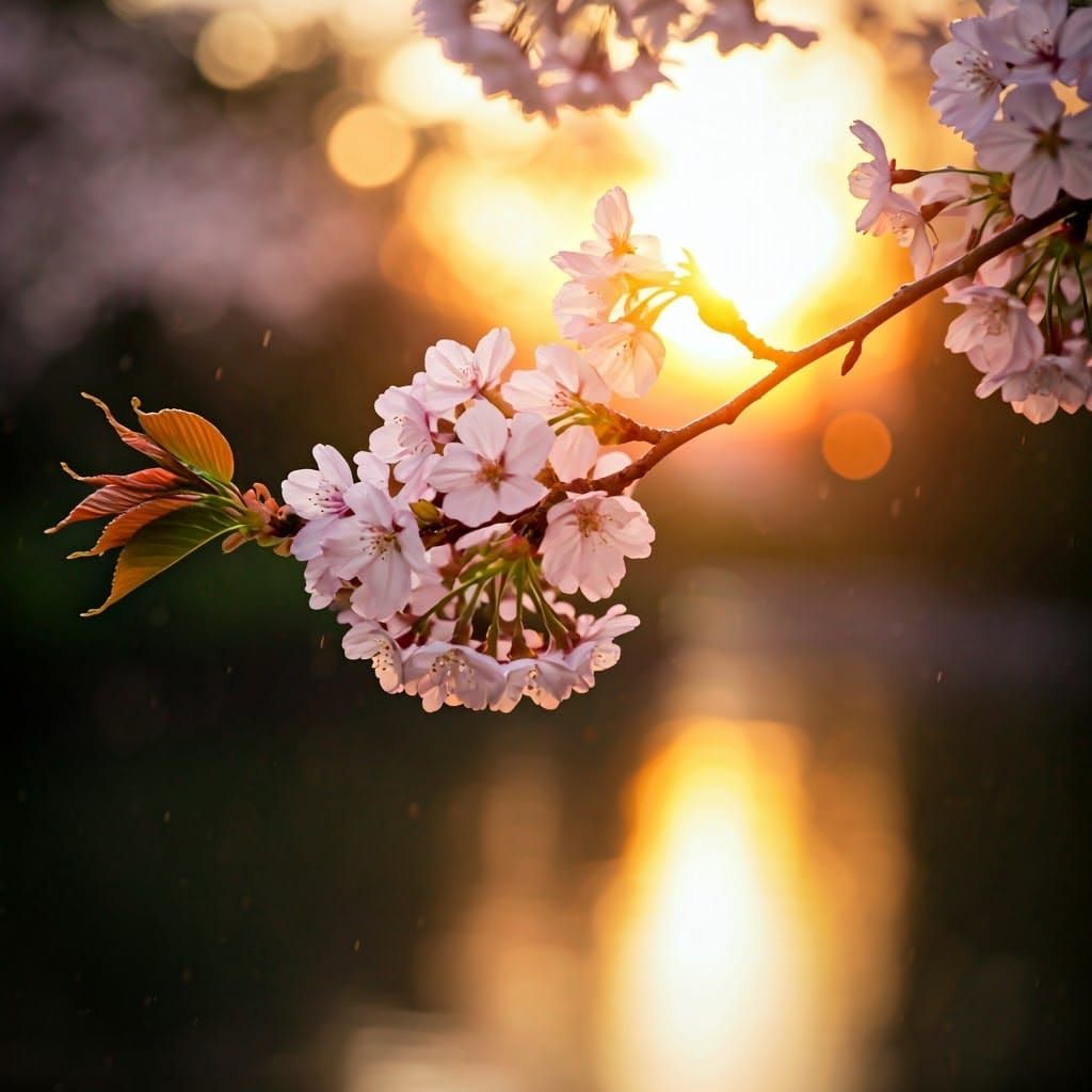 Cherry Blossoms in Golden Hour Rain