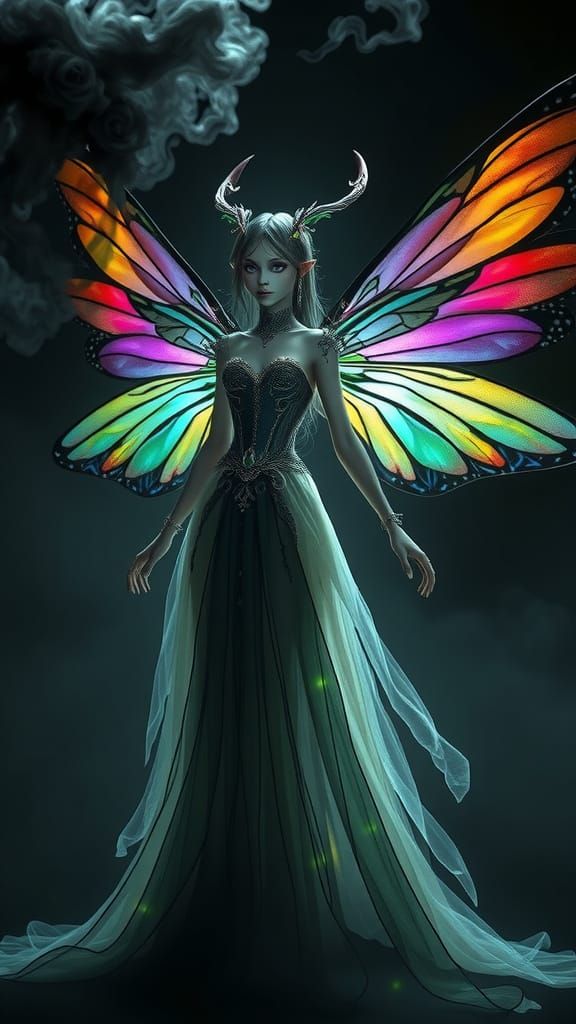 Gothic Fairy with Rainbow Wings in Black Smoke Gown