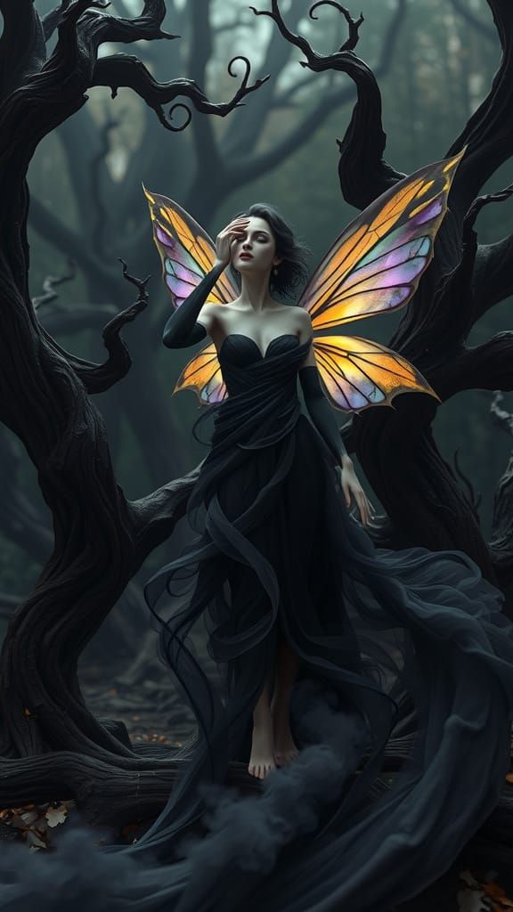 Ethereal Dark Fairy with Rainbow Wings in Black Smoke Gown