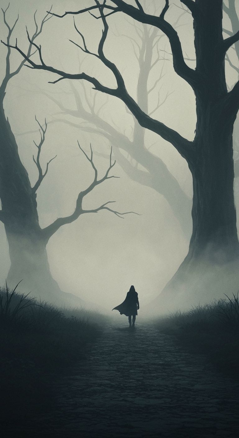 Dark Fantasy Traveler in Swirling Fog