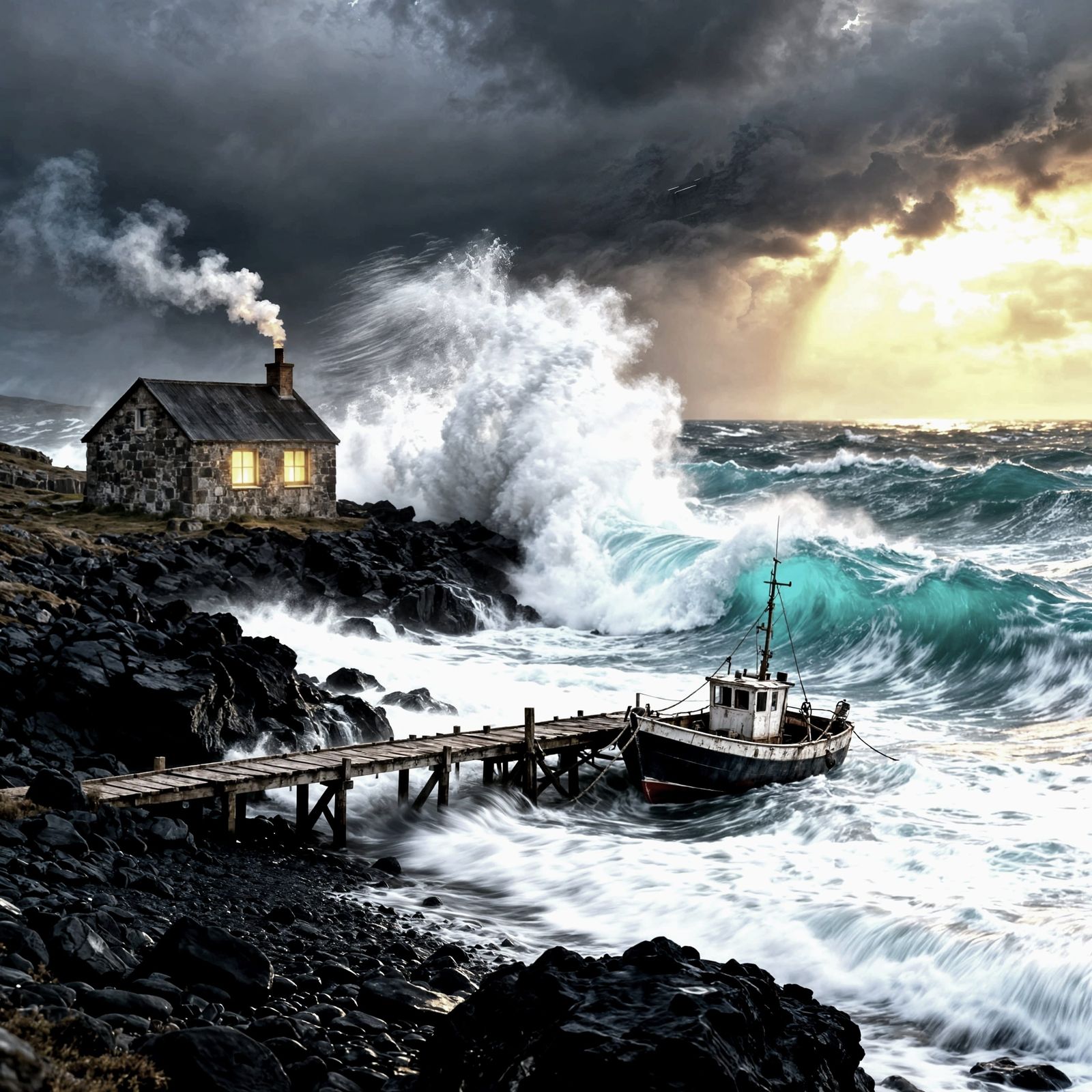 Stormy Scottish Coastline Seascape with Fisherman's Cottage