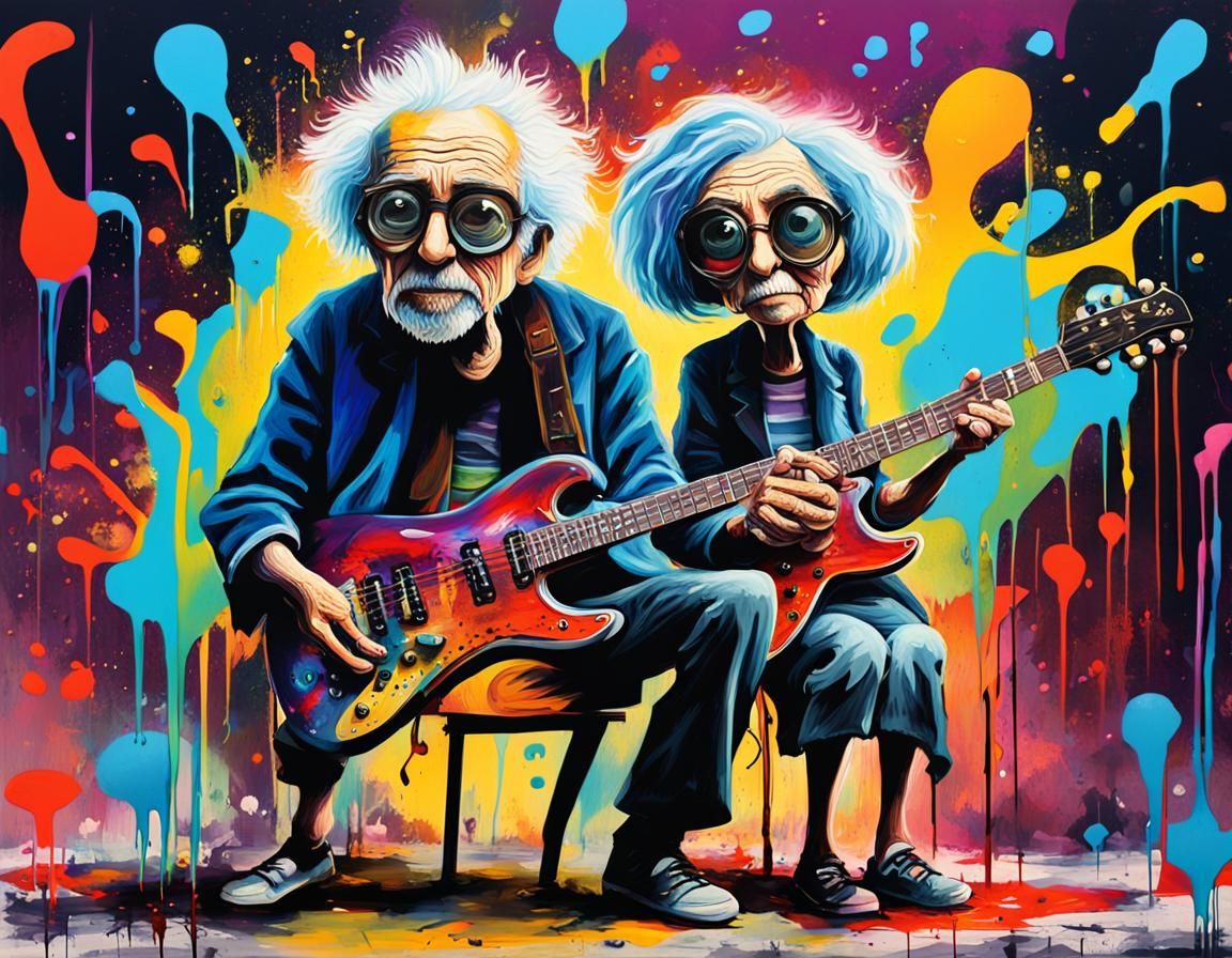 old man and woman playing electric guitars, Tim Burton style, big eyes, music, frequency graffiti art, splash art, stree...