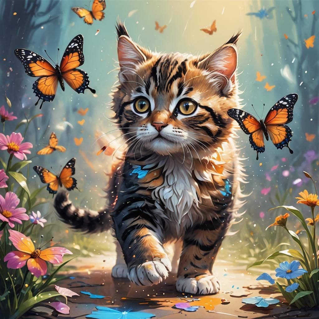Adorable Kitty Chasing Butterfly: Hyperrealistic Concept Art