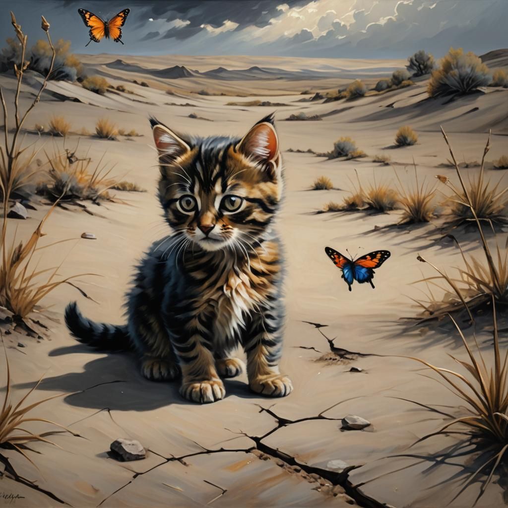 Kitten and Butterfly in Surrealist Landscape Painting