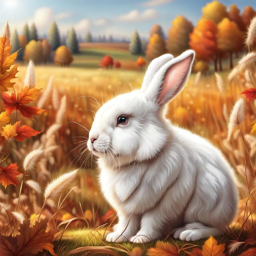 Cute Fluffy White Bunny in Autumn Field