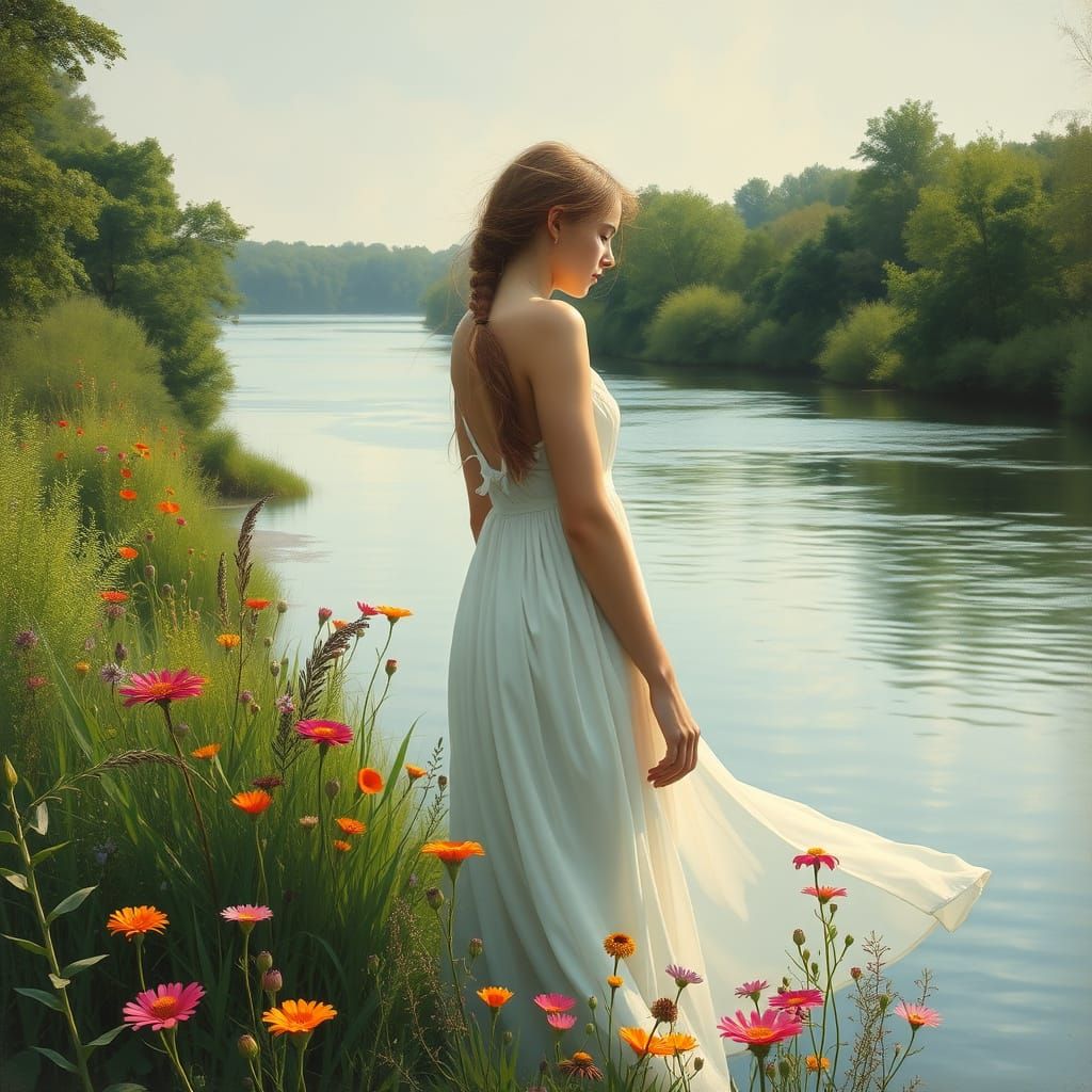 Young Woman Amidst Vibrant Wildflowers and River