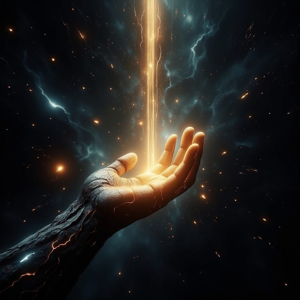 AI and Human Hands Connect in Cosmic Digital Matte Painting