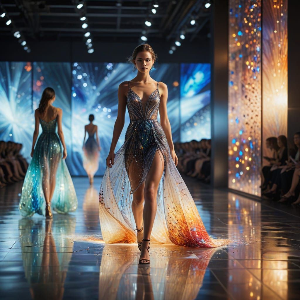 Models Showcase Multicolored Glass Dresses on Minimalist Run...