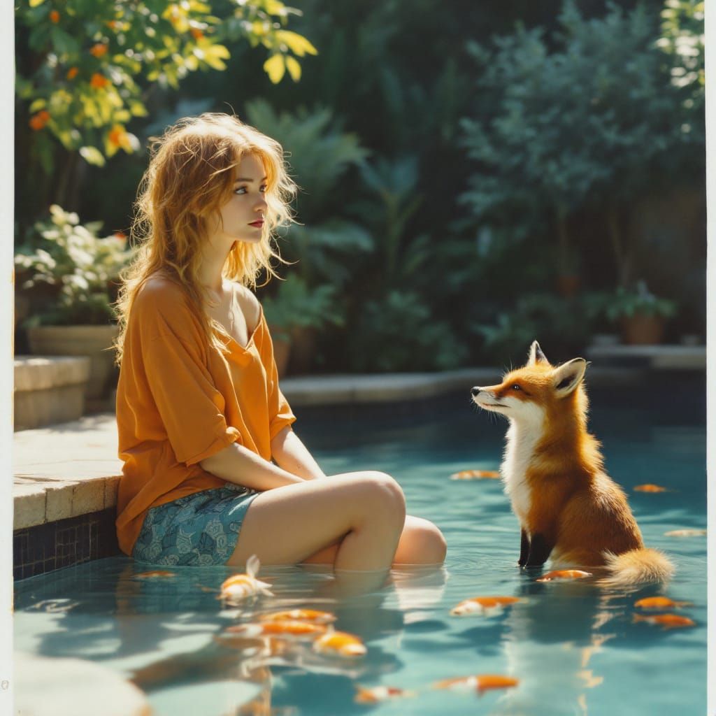 Woman and Fox by Tranquil Pool Polaroid Photo