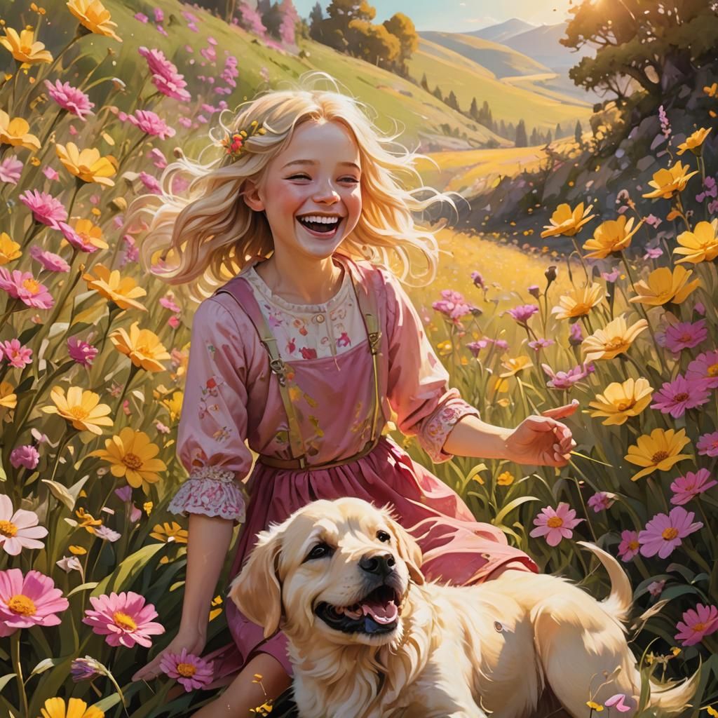 Whimsical Girl and Puppy in a Flower Field