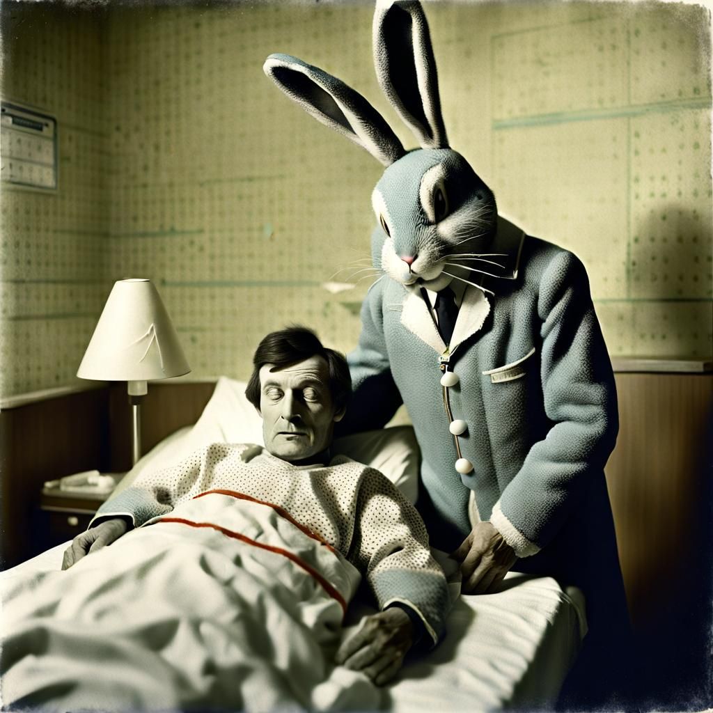 Vintage Rabbit Costume in Hospital Bed