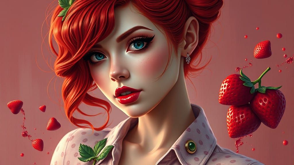 Fantastical Pinup Woman in Gouache Style with Strawberry Ins...