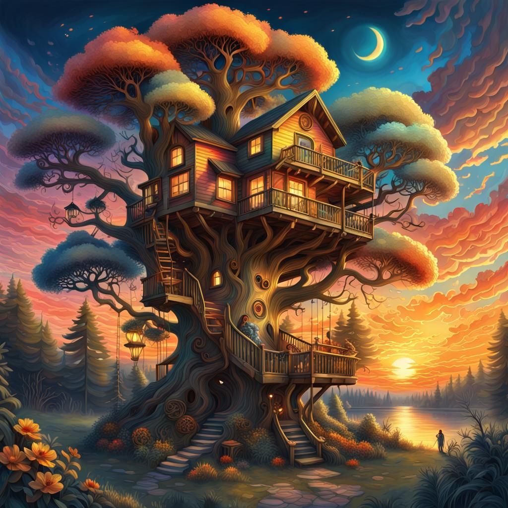 Magical Treehouse Sunset: Digital Illustration