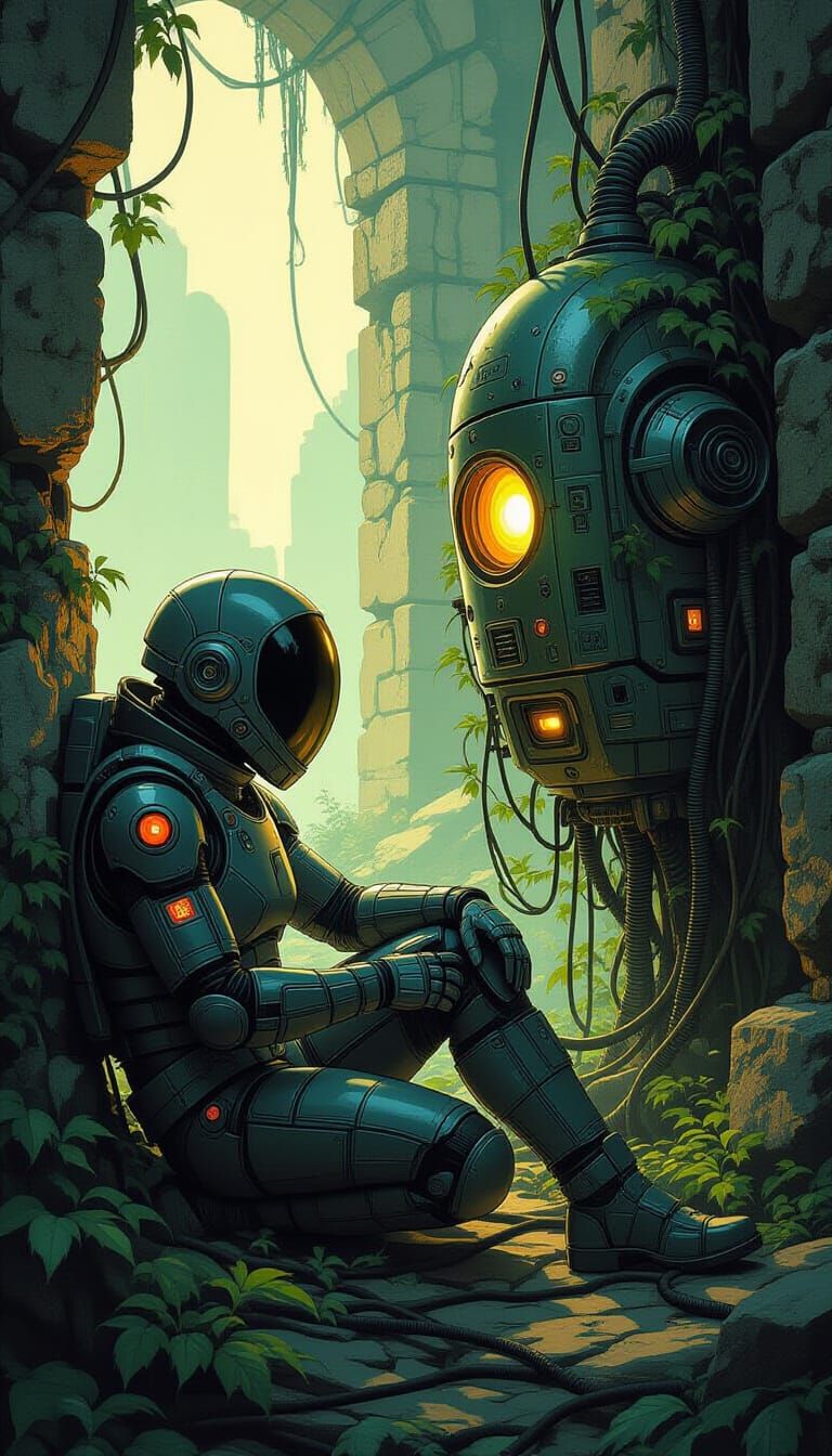 Druuna Rests by Ancient Machine in Eerie Sci-Fantasy Glow