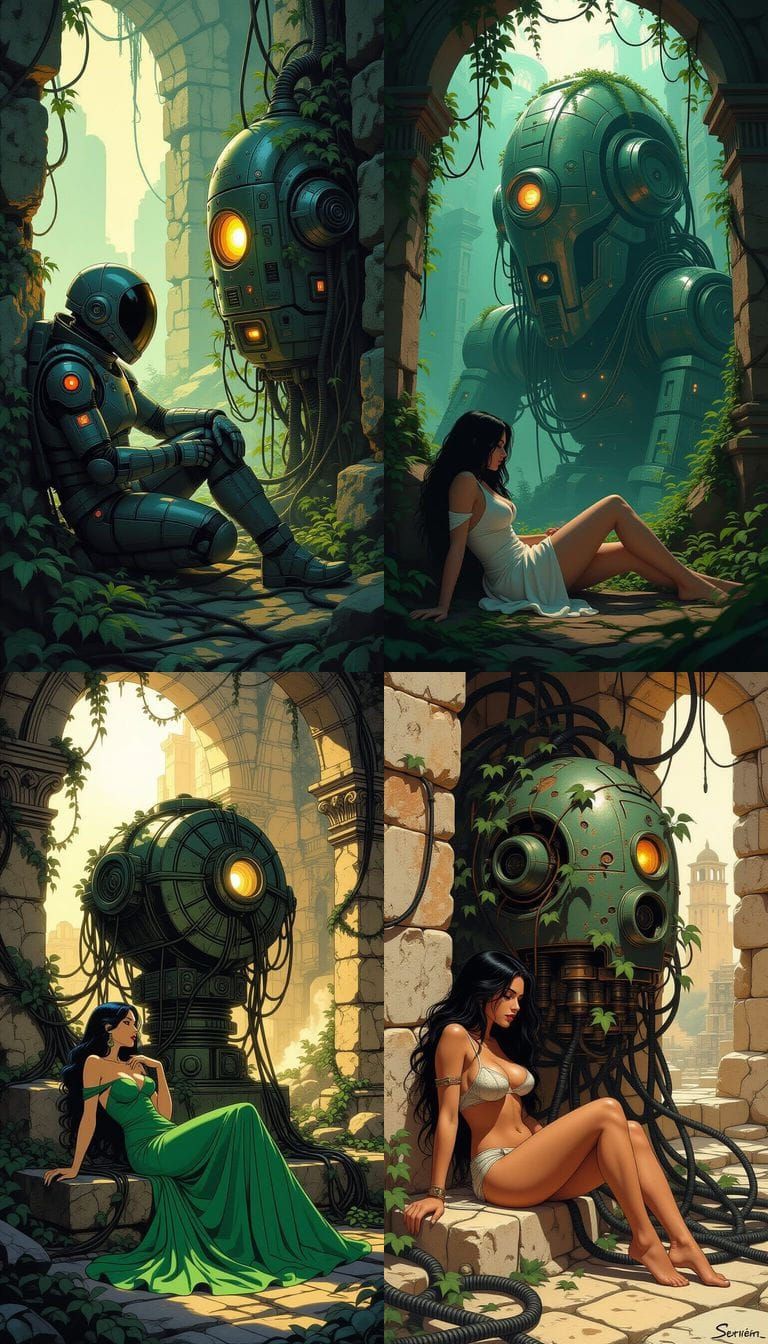 Druuna Beside Ancient Machine in Hand-Painted Style