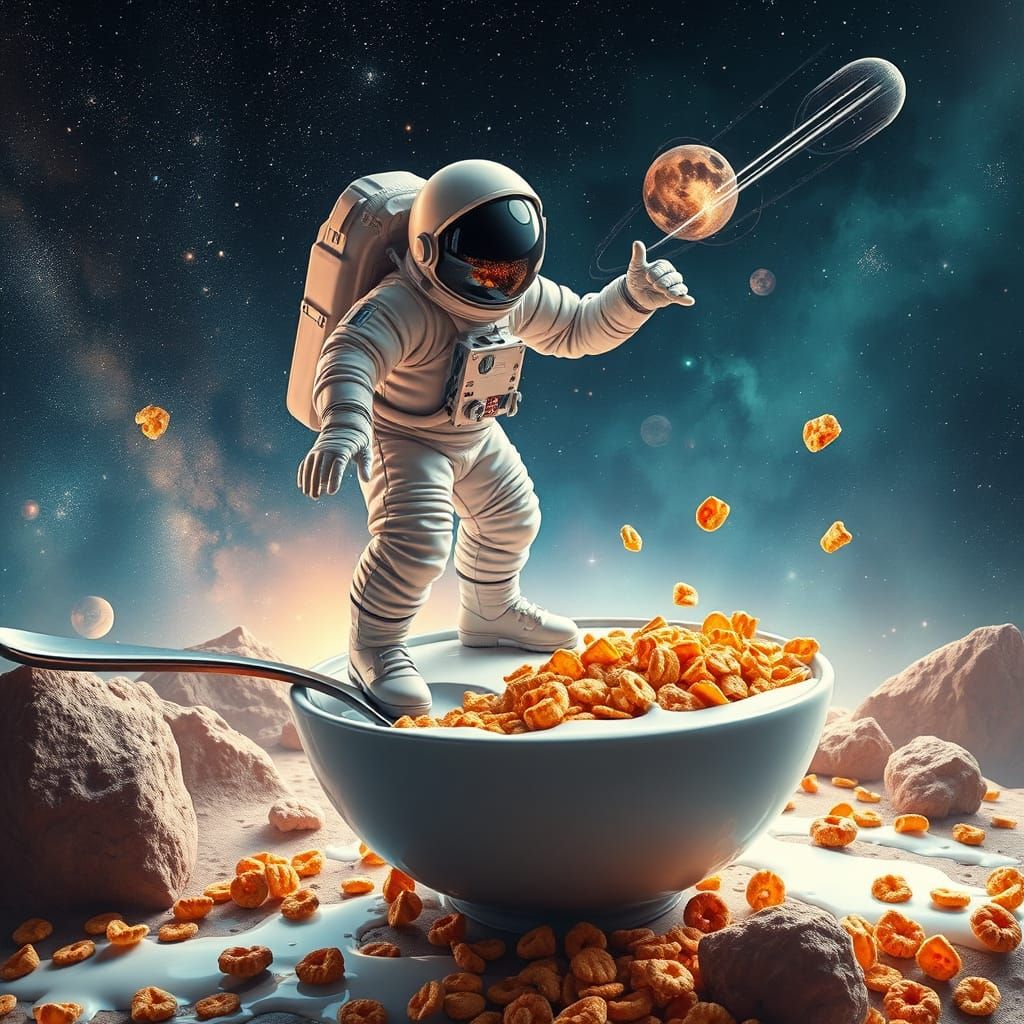 Retro Astronaut in Cosmic Cereal Bowl, with Miniature Planet...