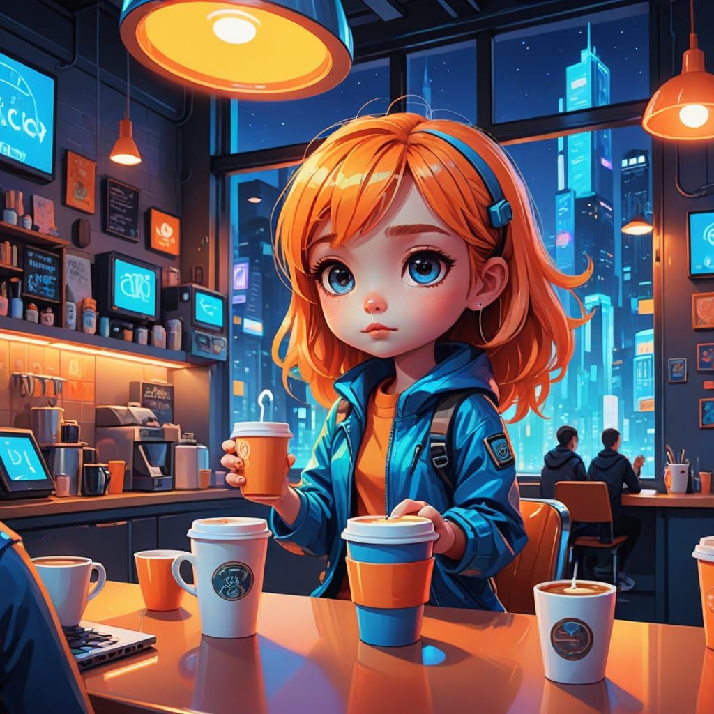 Cute Chibi Characters Sip Coffee in Futuristic Cafe