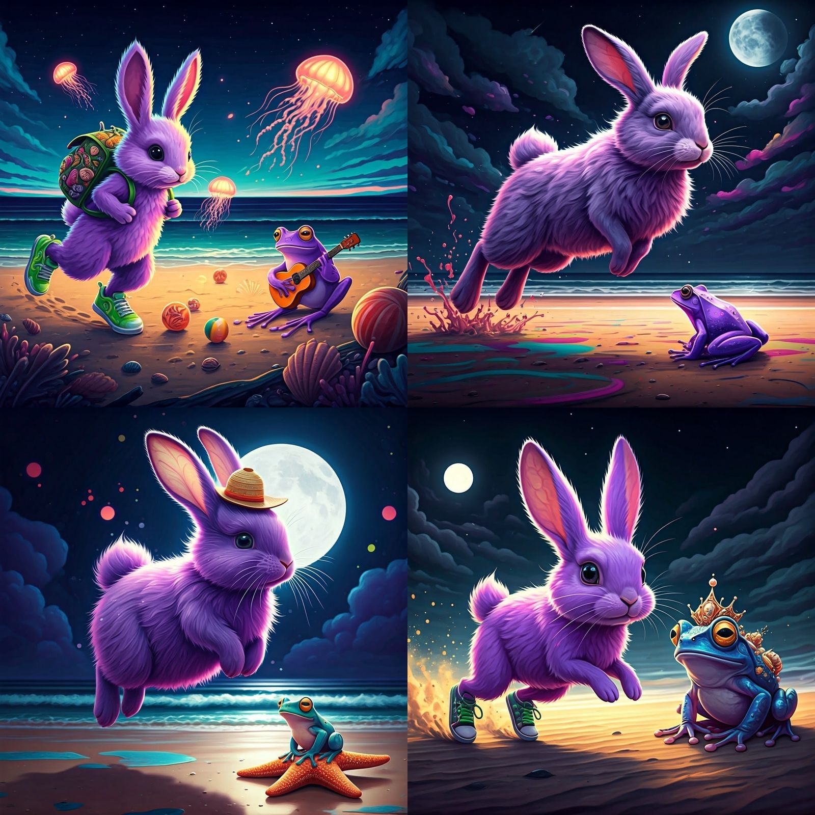 Purple Bunny and Frog on Beach in Graffiti Art