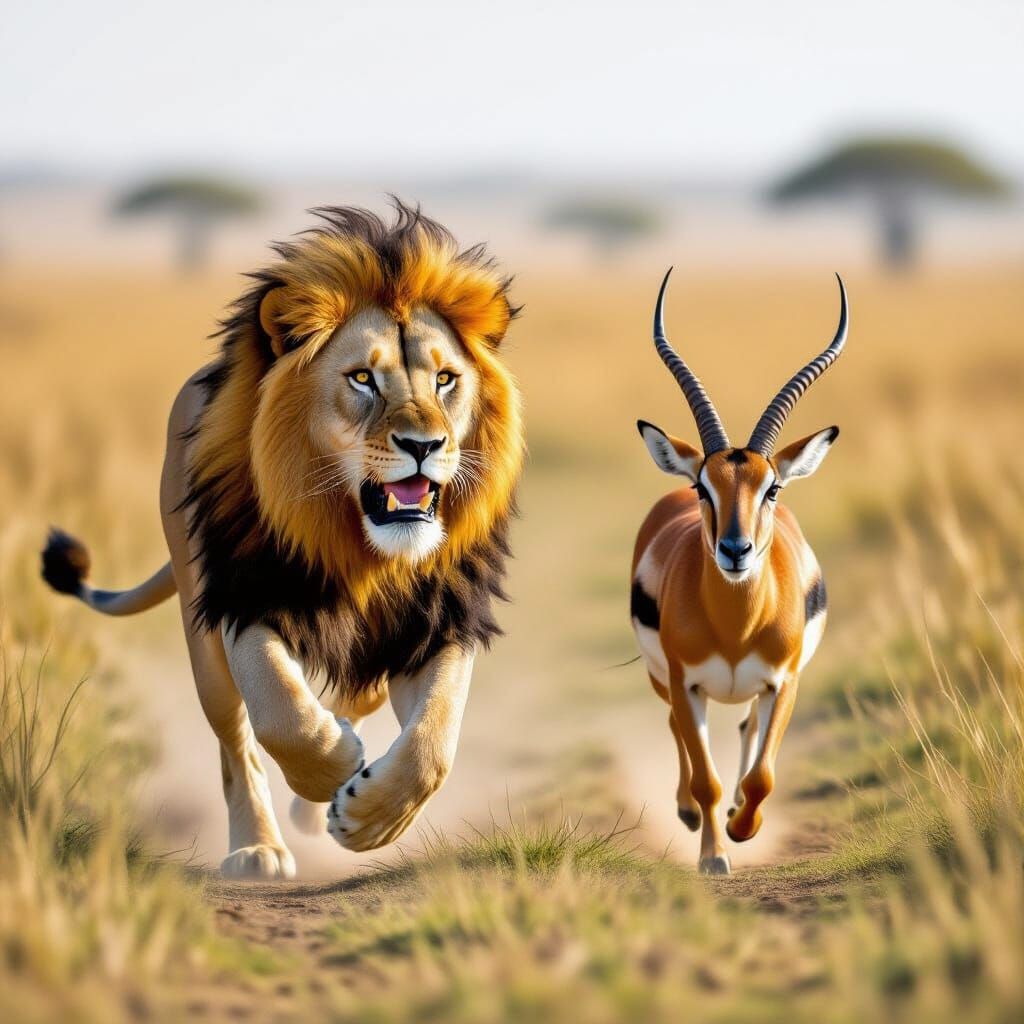 Lion Chasing Antelope in African Savanna