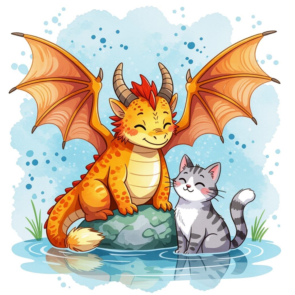 Watercolor Dragon-Cat Hybrid Landing