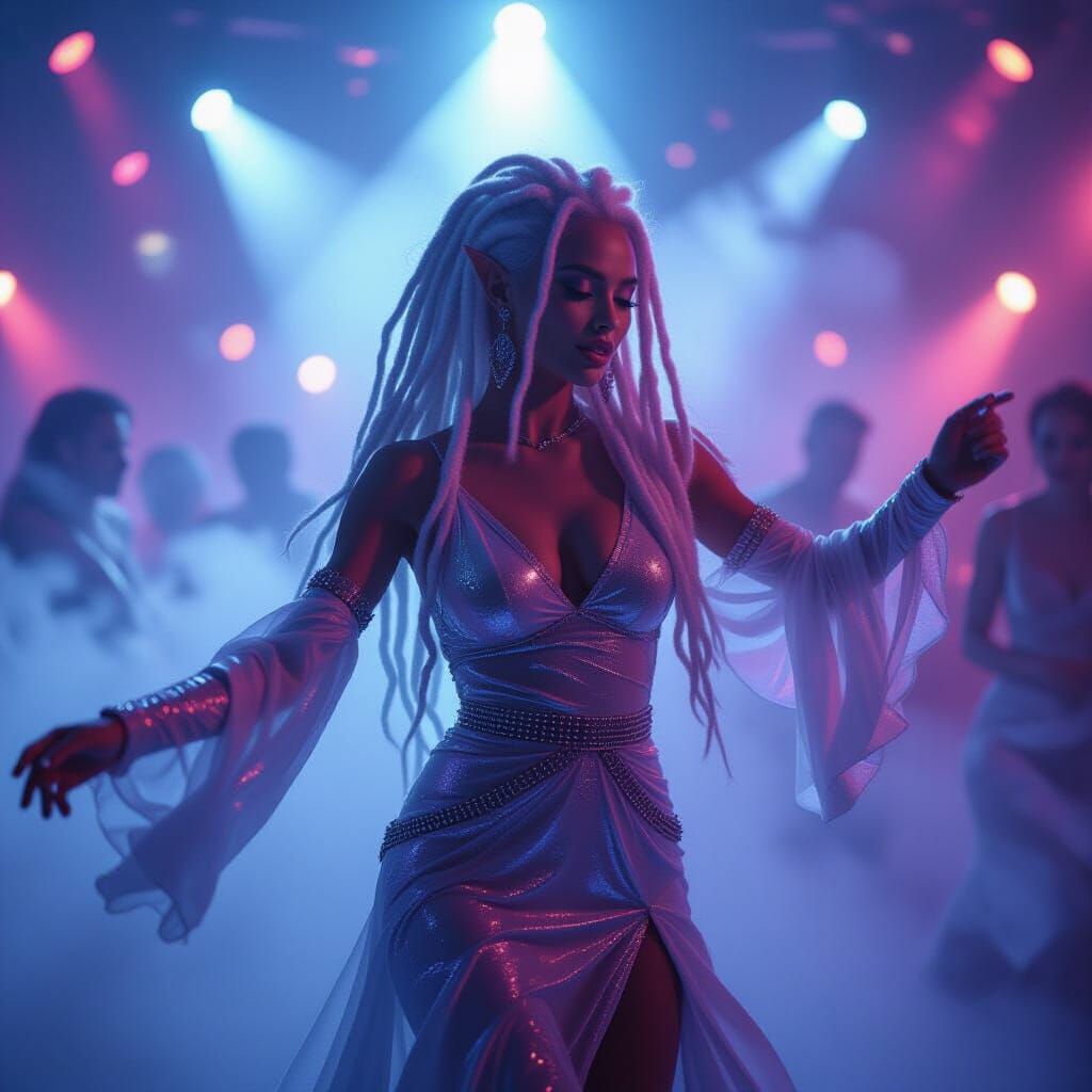Elven Woman Dancing in Disco, Cinematic Still