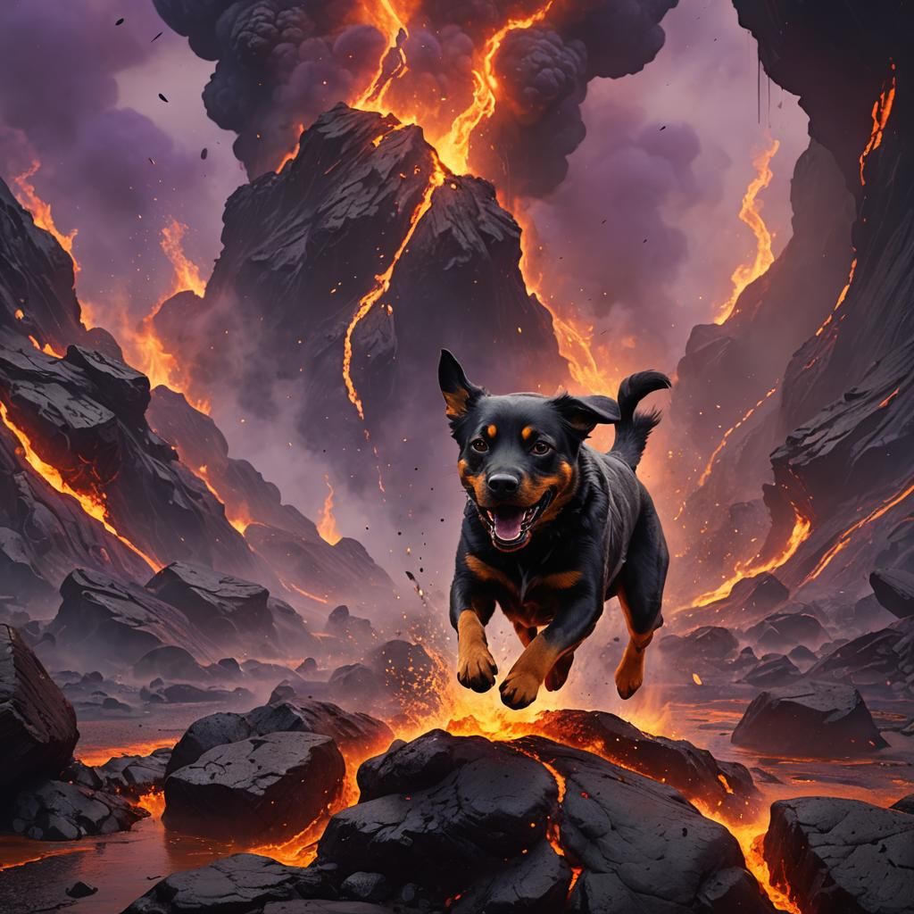 Dog Jumping in Lava: Dark Fantasy Concept Art