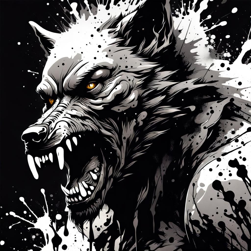 Detailed Ink Splatter Werewolf Portrait