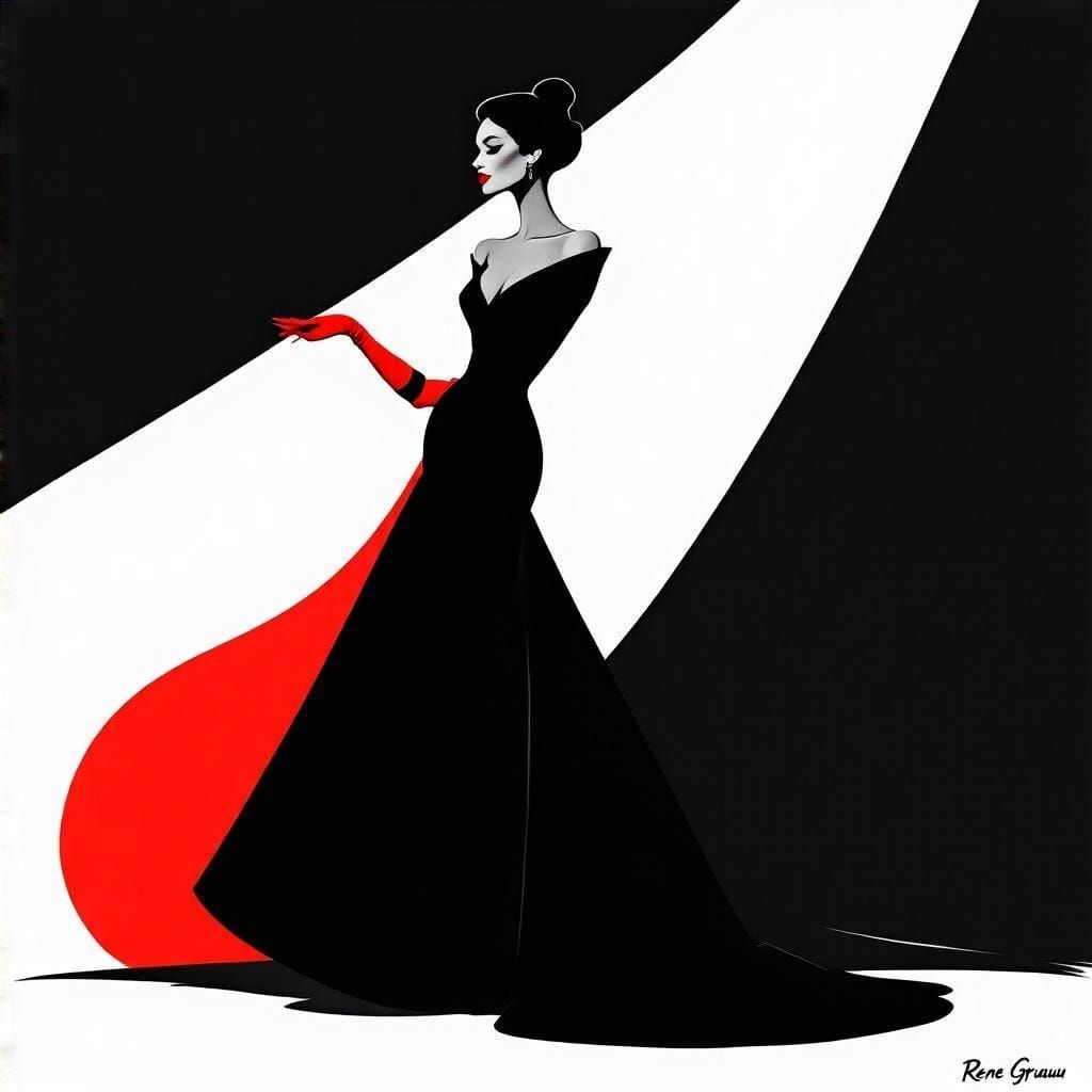 Elegant Woman in Dramatic Black Evening Gown, Inspired by Re...