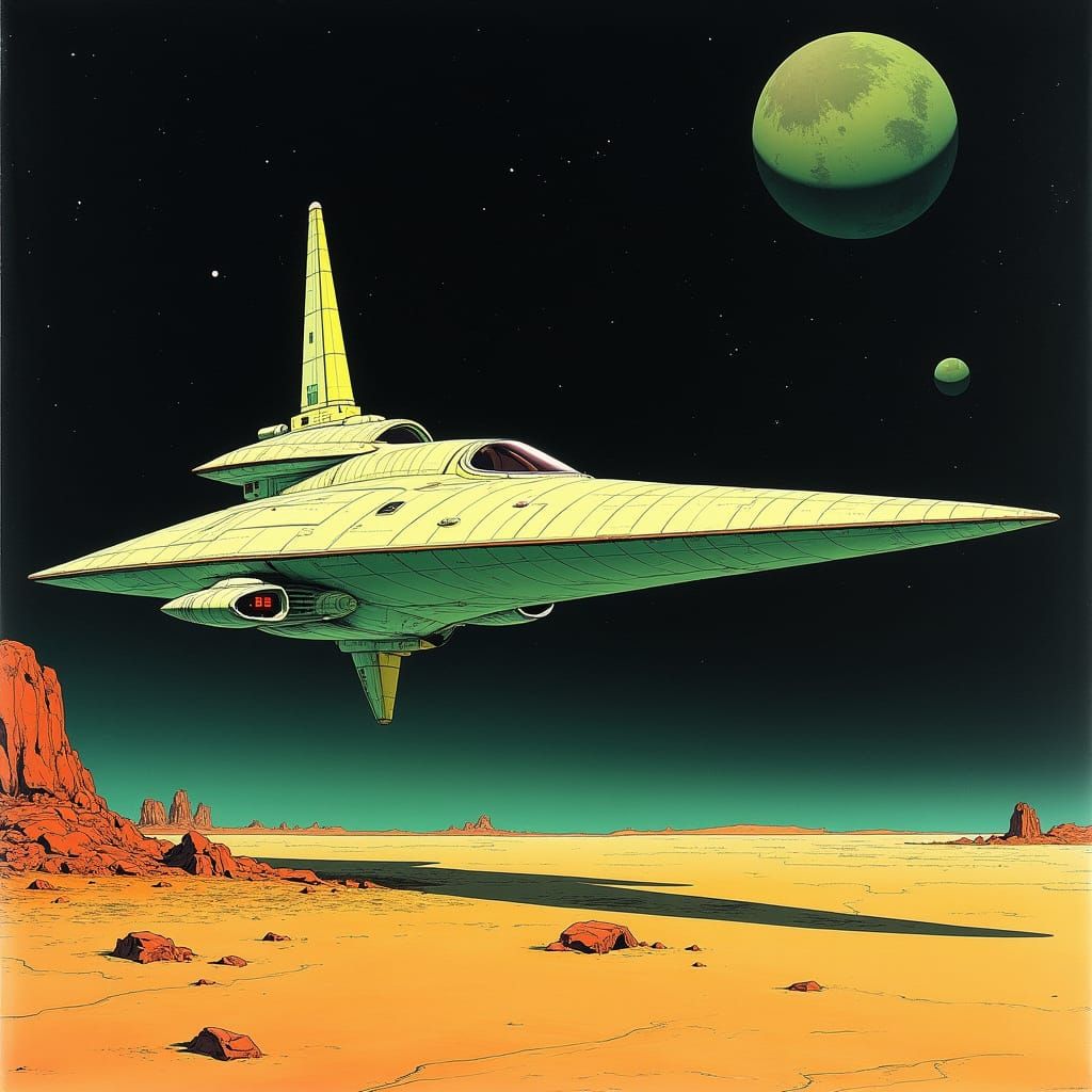 Retro Starship Over Desert: Sci-Fi Painting